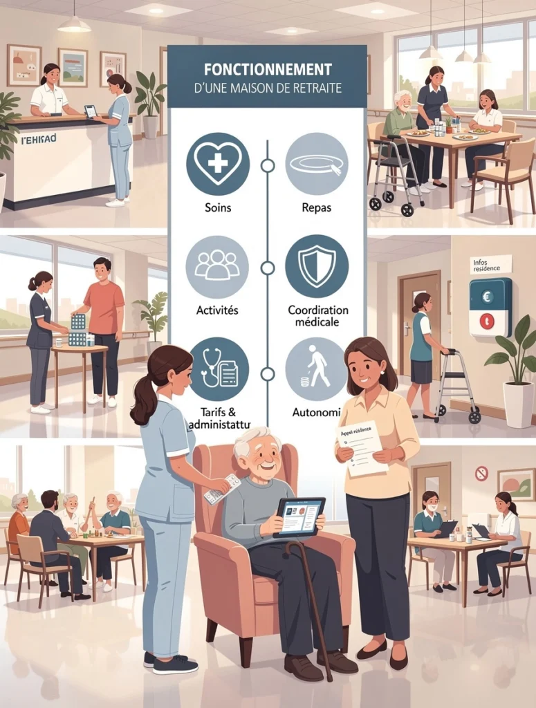 Illustration d'un sénior accompagné de personnes travaillant en EHPAD